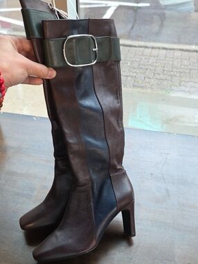 Geox Size EU 35 Women's Brown Leather Knee-High Boots with Green Buckle Accent